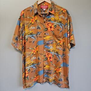 Die Trying Baja Mex Shirt Mens XL Brown Hawaiian Map Print Rayon Button Down